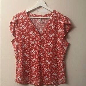 DNA Couture Ruffled Red and White Blouse with Flutter Sleeves pt to pt 21”